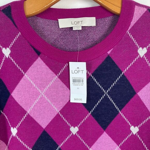 LOFT Argyle Sweater Puff Sleeve Heart Detail 100% Cotton Pullover Purple Pink M - Picture 2 of 9